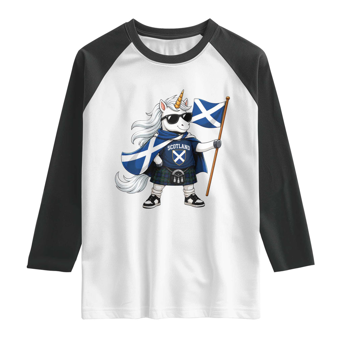 Funny Scotland Unicorn Raglan Shirt Cool Scottish Unicorn with Kilt Flag Scotland Pride Football Fans