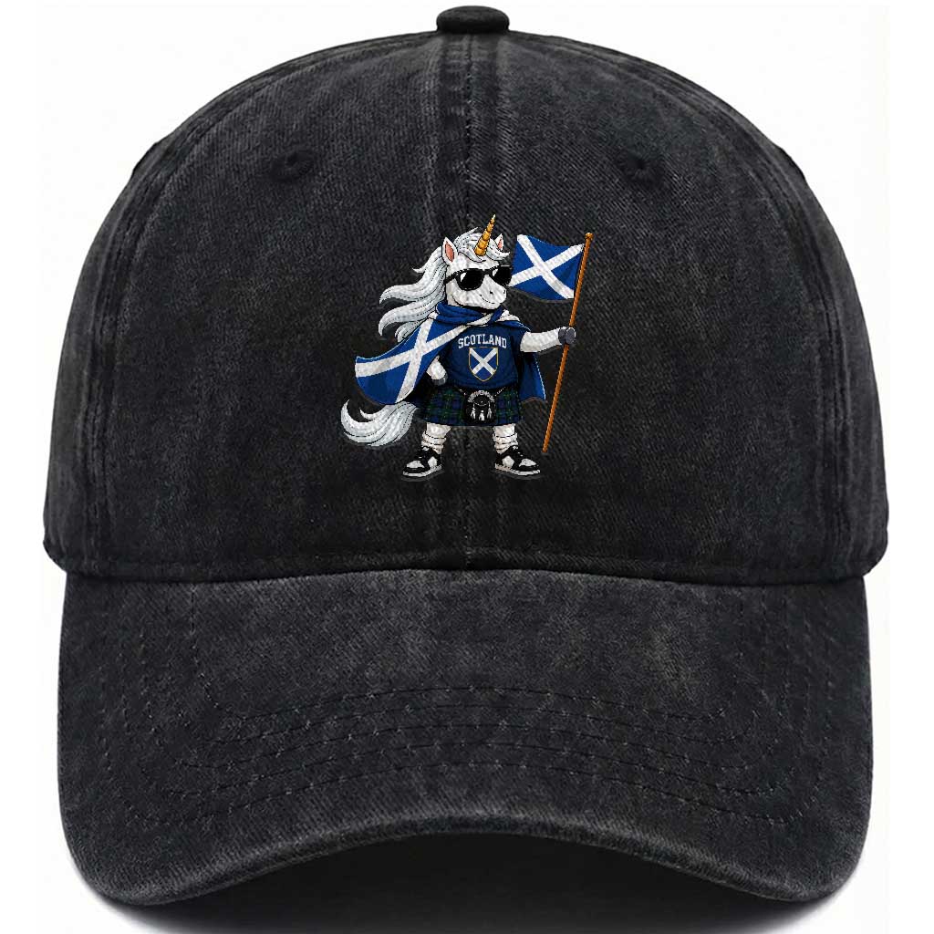 Funny Scotland Unicorn Washed Cotton Baseball Cap Cool Scottish Unicorn with Kilt Flag Scotland Pride Football Fans TS10 Print Your Wear