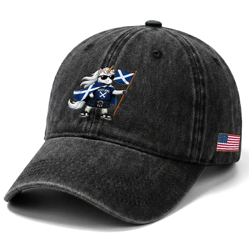 Funny Scotland Unicorn Washed Cotton Baseball Cap Cool Scottish Unicorn with Kilt Flag Scotland Pride Football Fans