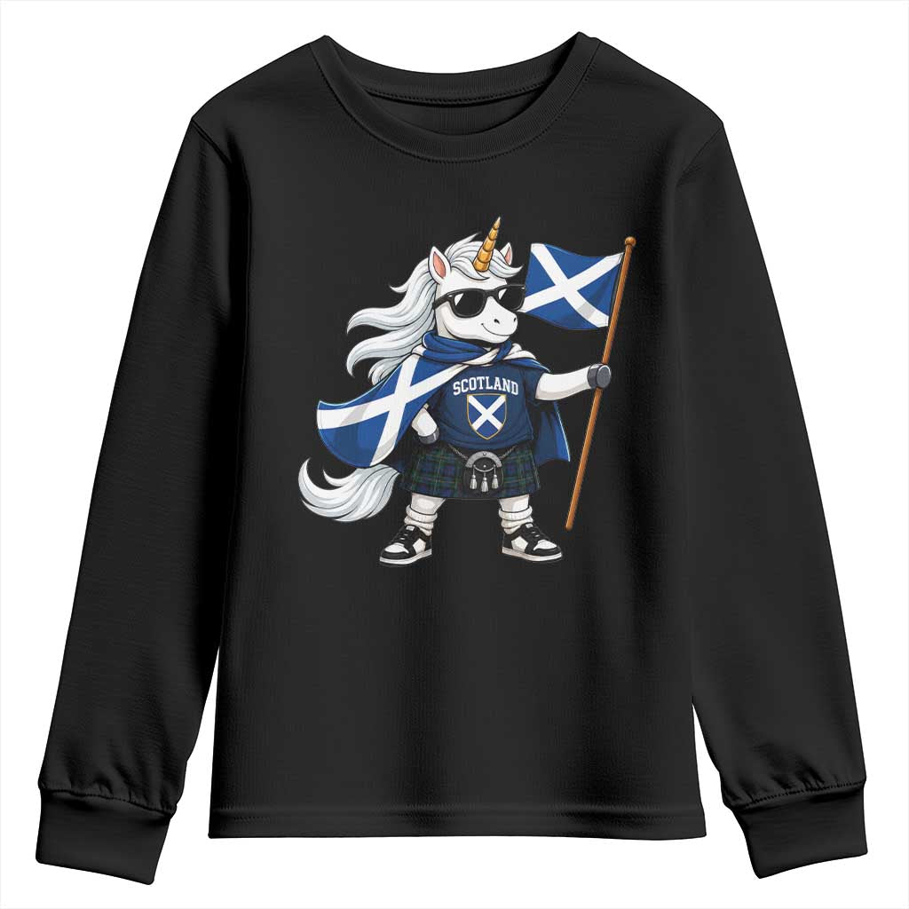 Funny Scotland Unicorn Youth Sweatshirt Cool Scottish Unicorn with Kilt Flag Scotland Pride Football Fans TS10 Black Print Your Wear