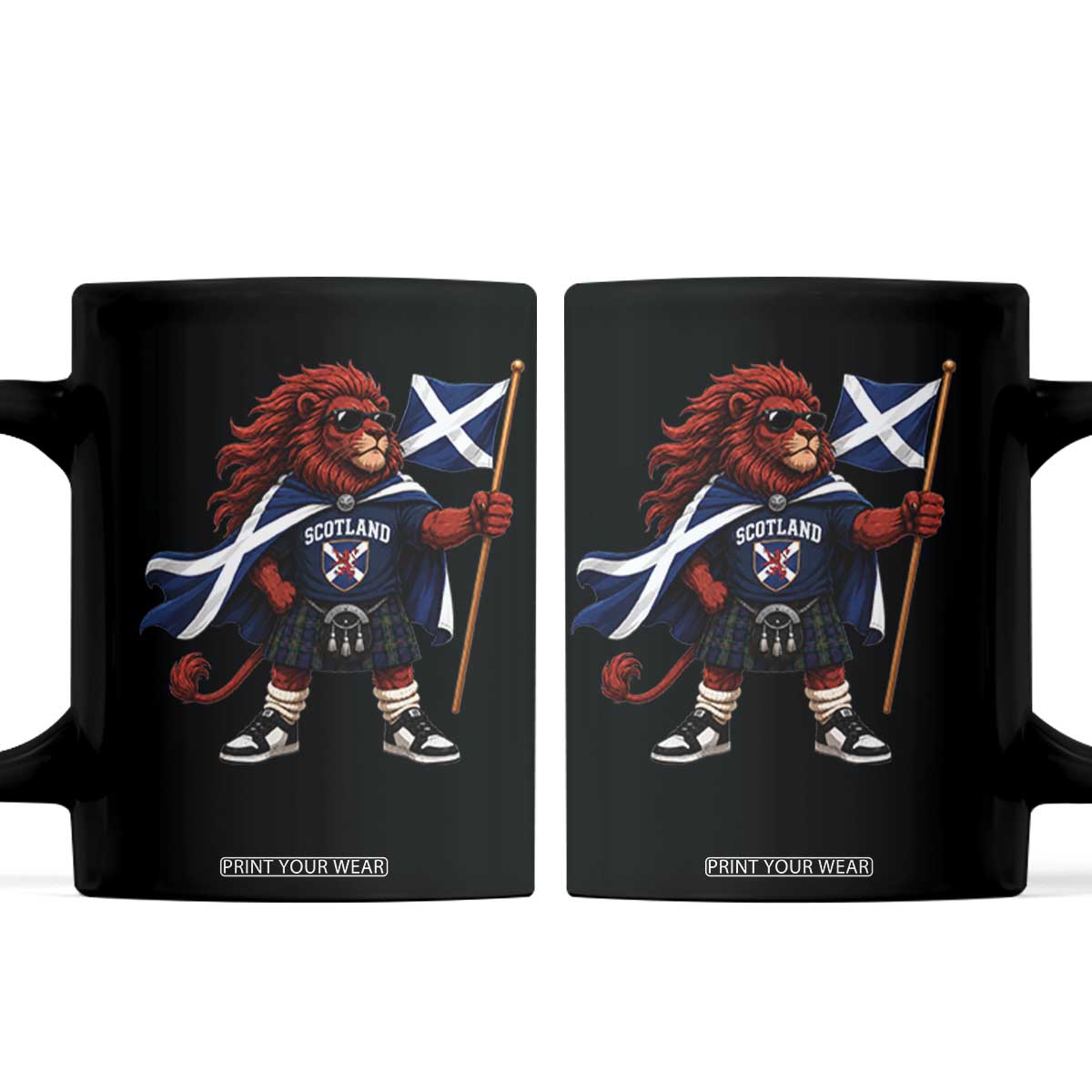 Proud Scotland Rampant Lion Coffee Mug Scottish Flag Red Lion Mascot with Kilt Football Fans