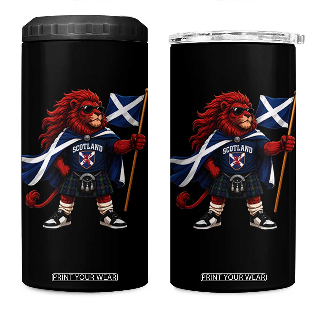 Proud Scotland Rampant Lion 4 in 1 Can Cooler Tumbler Scottish Flag Red Lion Mascot with Kilt Football Fans
