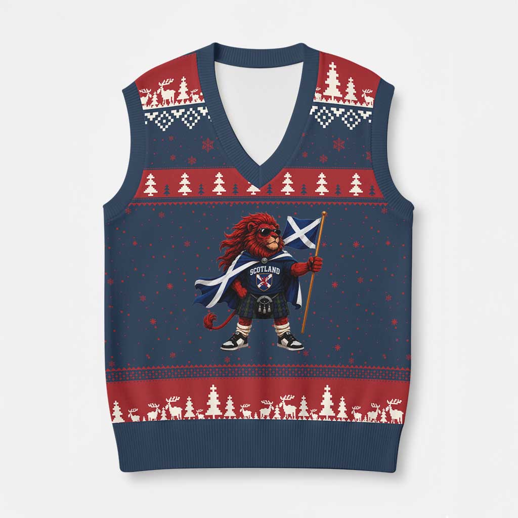 Proud Scotland Rampant Lion V-Neck Knit Sweater Vest Scottish Flag Red Lion Mascot with Kilt Football Fans