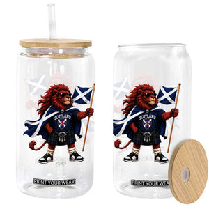 Proud Scotland Rampant Lion Glass Can Scottish Flag Red Lion Mascot with Kilt Football Fans