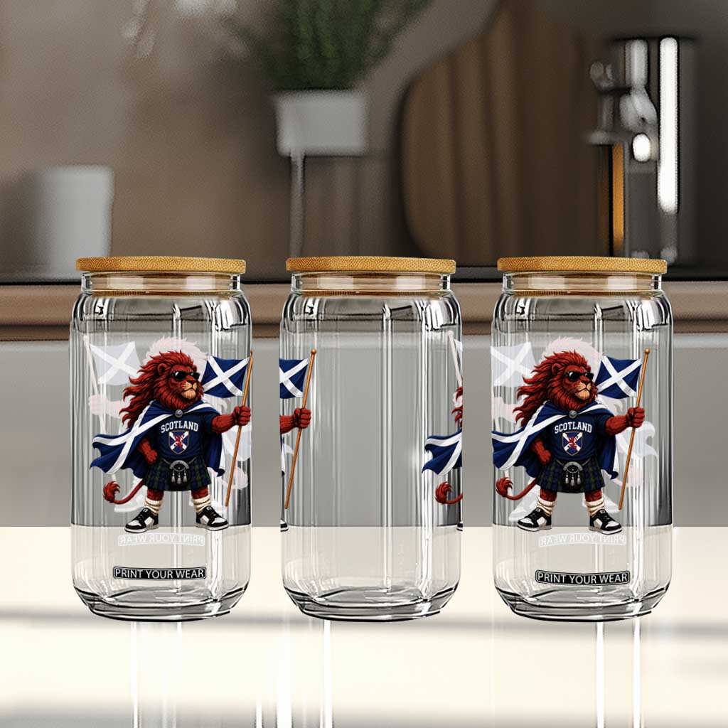 Proud Scotland Rampant Lion Glass Can Scottish Flag Red Lion Mascot with Kilt Football Fans