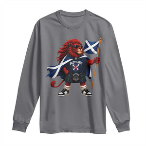 Proud Scotland Rampant Lion Long Sleeve Shirt Scottish Flag Red Lion Mascot with Kilt Football Fans