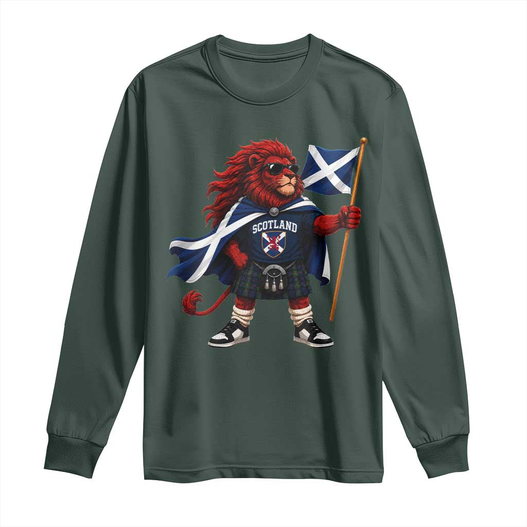 Proud Scotland Rampant Lion Long Sleeve Shirt Scottish Flag Red Lion Mascot with Kilt Football Fans