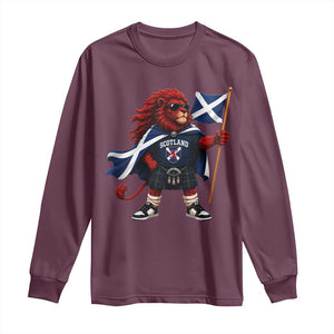 Proud Scotland Rampant Lion Long Sleeve Shirt Scottish Flag Red Lion Mascot with Kilt Football Fans
