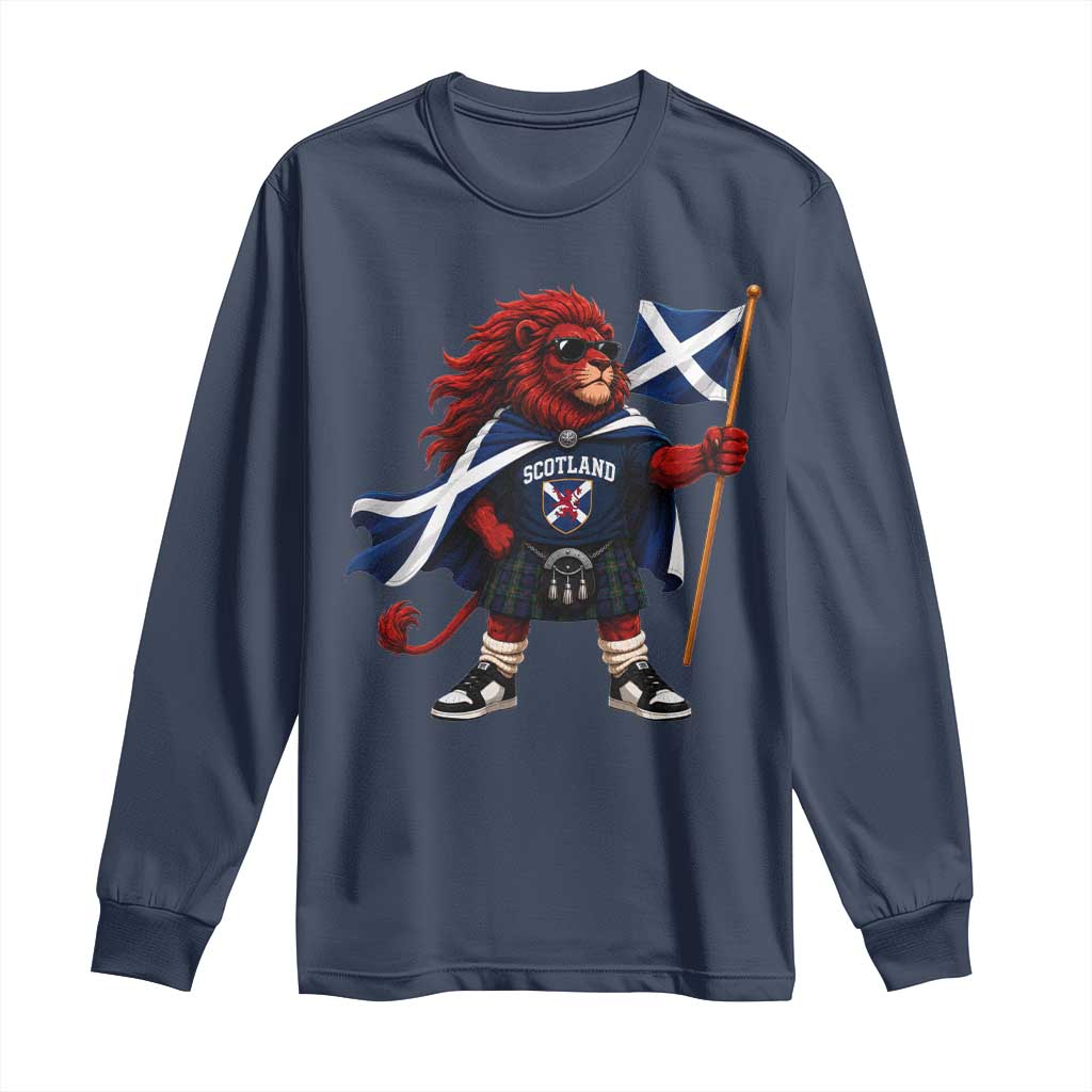 Proud Scotland Rampant Lion Long Sleeve Shirt Scottish Flag Red Lion Mascot with Kilt Football Fans
