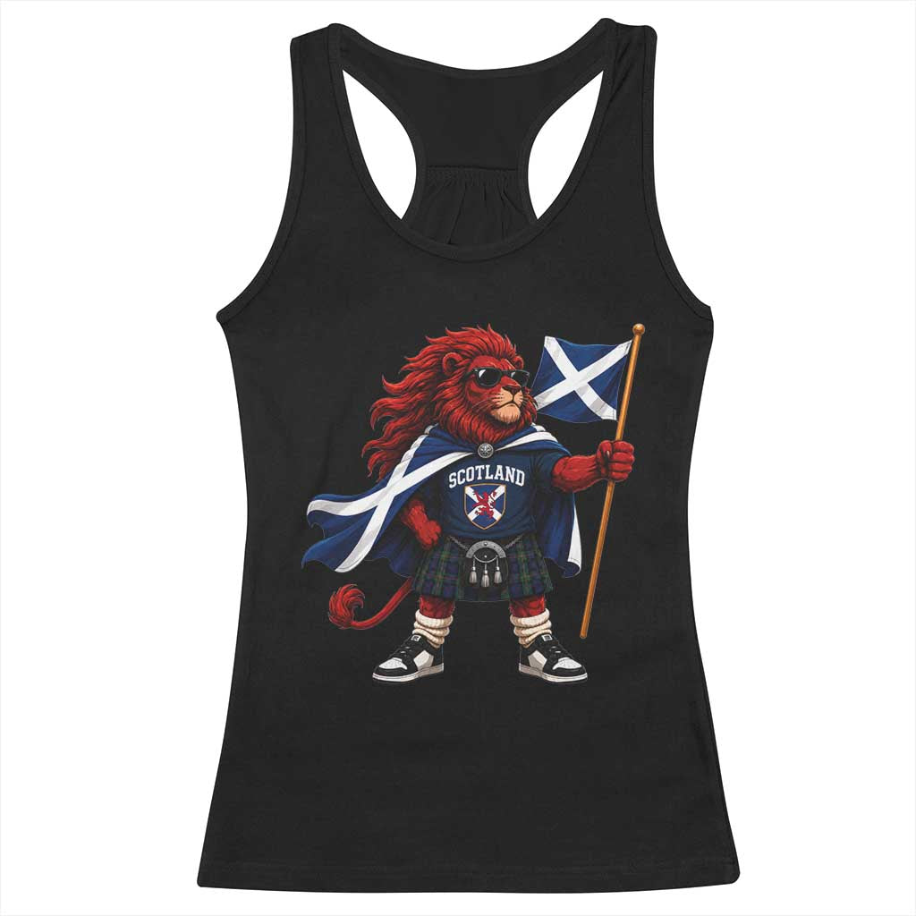 Proud Scotland Rampant Lion Racerback Tank Top Scottish Flag Red Lion Mascot with Kilt Football Fans