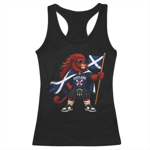 Proud Scotland Rampant Lion Racerback Tank Top Scottish Flag Red Lion Mascot with Kilt Football Fans