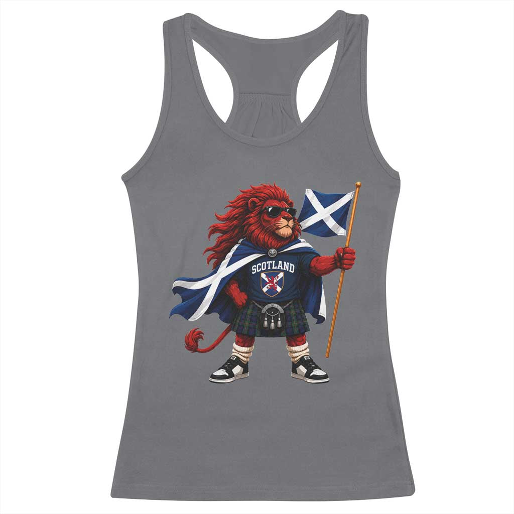 Proud Scotland Rampant Lion Racerback Tank Top Scottish Flag Red Lion Mascot with Kilt Football Fans