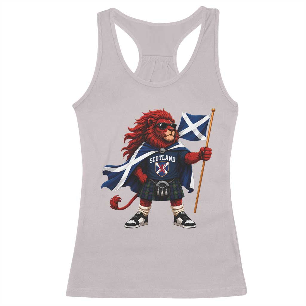 Proud Scotland Rampant Lion Racerback Tank Top Scottish Flag Red Lion Mascot with Kilt Football Fans