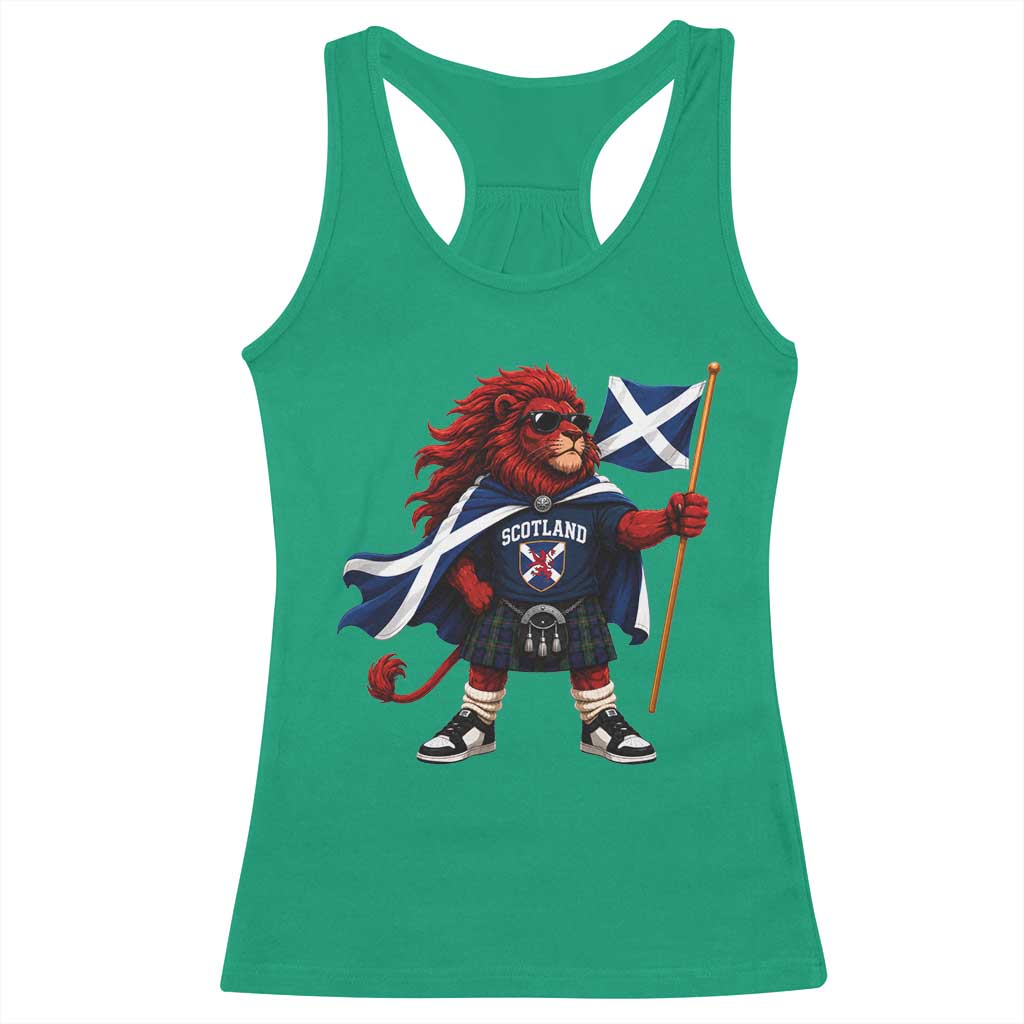 Proud Scotland Rampant Lion Racerback Tank Top Scottish Flag Red Lion Mascot with Kilt Football Fans