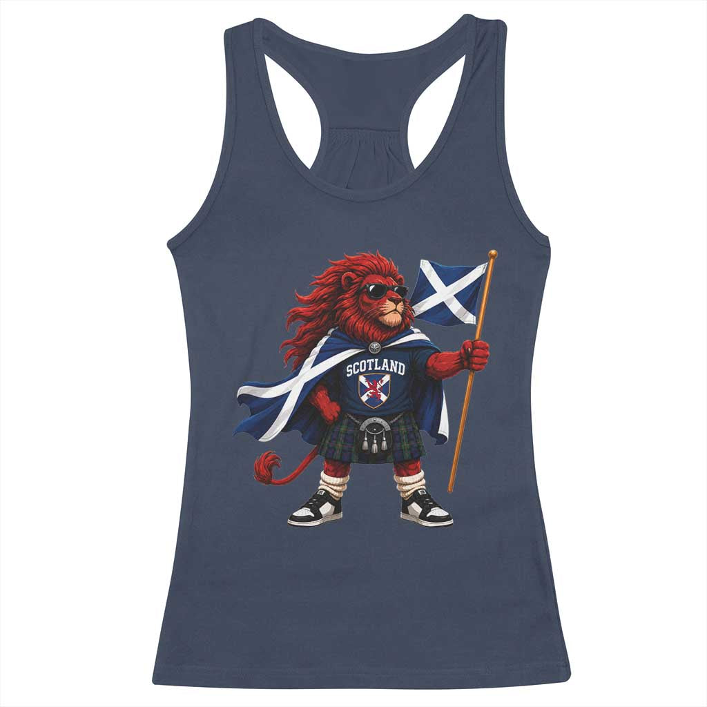 Proud Scotland Rampant Lion Racerback Tank Top Scottish Flag Red Lion Mascot with Kilt Football Fans