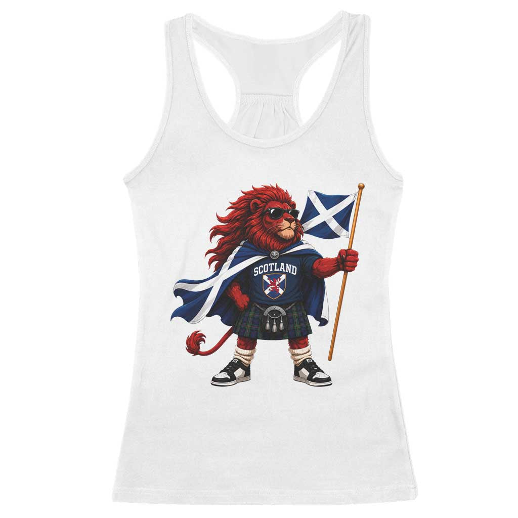 Proud Scotland Rampant Lion Racerback Tank Top Scottish Flag Red Lion Mascot with Kilt Football Fans