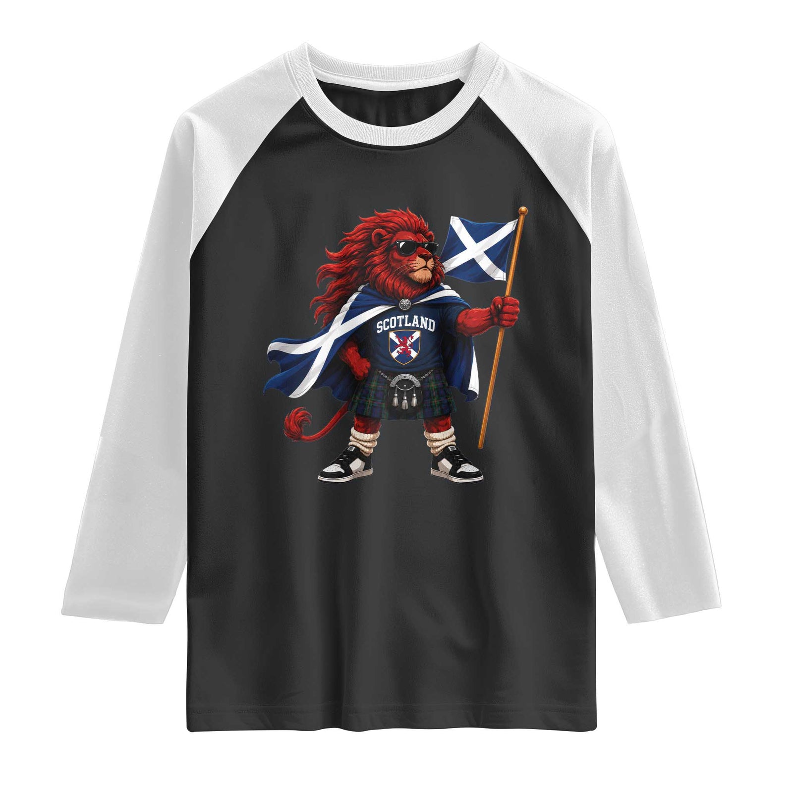 Proud Scotland Rampant Lion Raglan Shirt Scottish Flag Red Lion Mascot with Kilt Football Fans TS10 Black White Print Your Wear