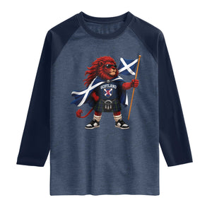 Proud Scotland Rampant Lion Raglan Shirt Scottish Flag Red Lion Mascot with Kilt Football Fans