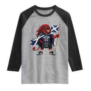 Proud Scotland Rampant Lion Raglan Shirt Scottish Flag Red Lion Mascot with Kilt Football Fans