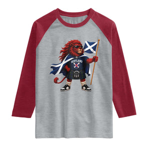 Proud Scotland Rampant Lion Raglan Shirt Scottish Flag Red Lion Mascot with Kilt Football Fans