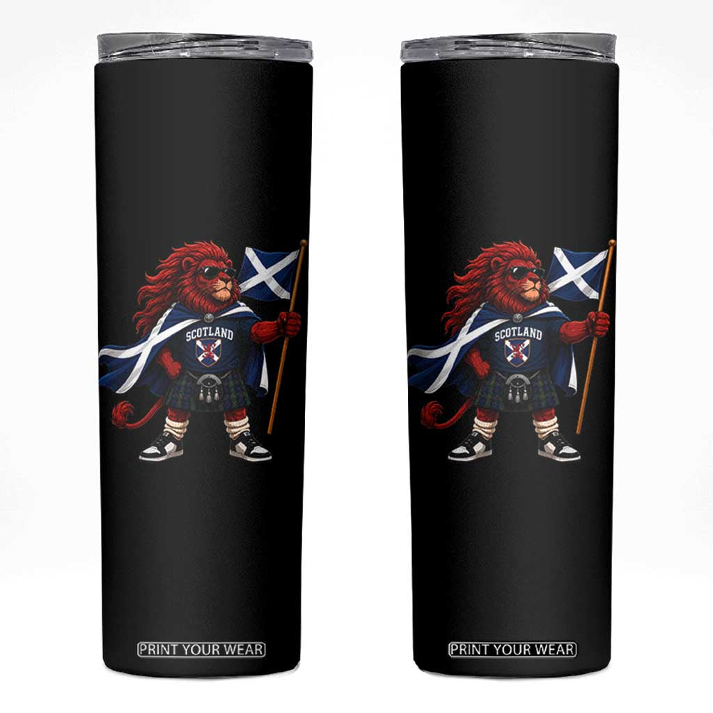 Proud Scotland Rampant Lion Skinny Tumbler Scottish Flag Red Lion Mascot with Kilt Football Fans