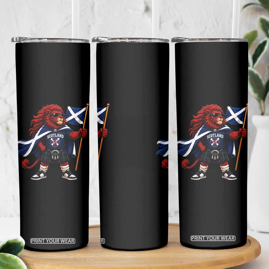 Proud Scotland Rampant Lion Skinny Tumbler Scottish Flag Red Lion Mascot with Kilt Football Fans