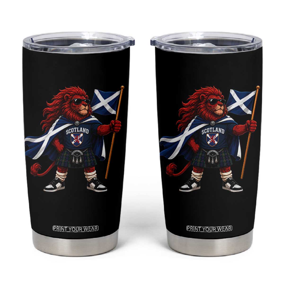 Proud Scotland Rampant Lion Tumbler Cup Scottish Flag Red Lion Mascot with Kilt Football Fans