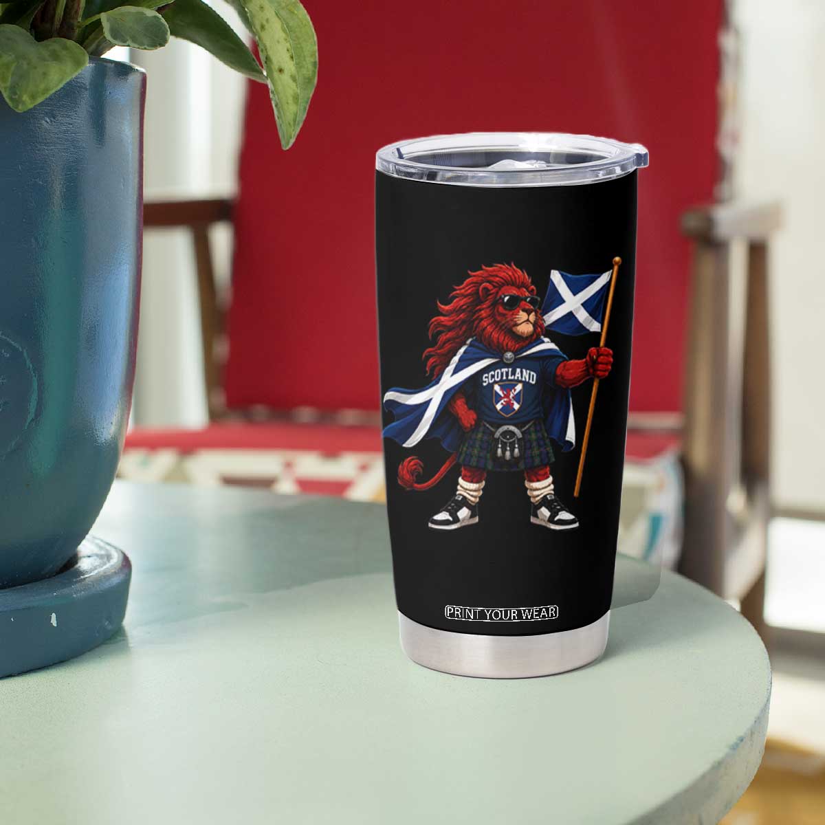Proud Scotland Rampant Lion Tumbler Cup Scottish Flag Red Lion Mascot with Kilt Football Fans