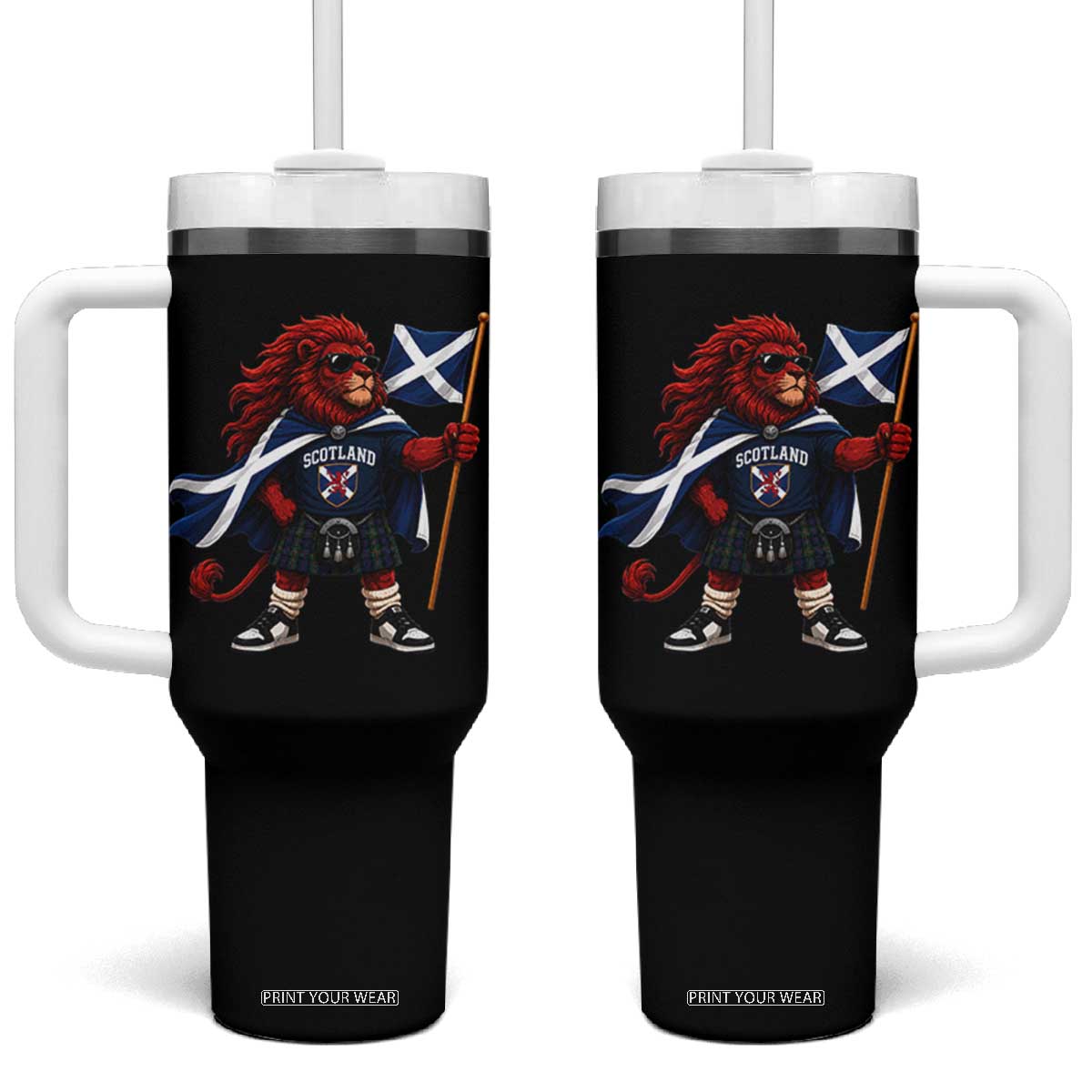 Proud Scotland Rampant Lion Tumbler With Handle Scottish Flag Red Lion Mascot with Kilt Football Fans