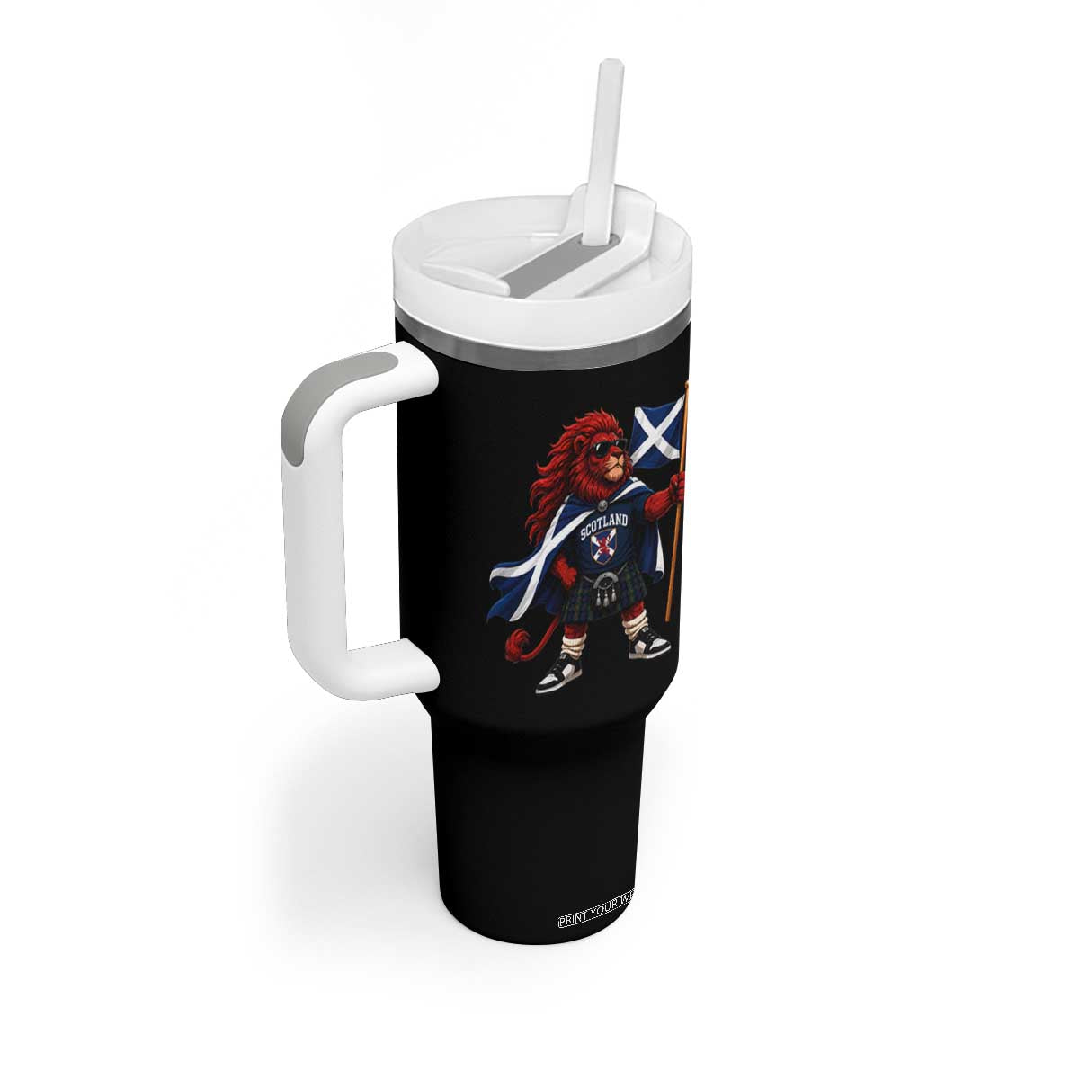 Proud Scotland Rampant Lion Tumbler With Handle Scottish Flag Red Lion Mascot with Kilt Football Fans