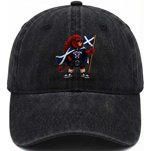 Proud Scotland Rampant Lion Washed Cotton Baseball Cap Scottish Flag Red Lion Mascot with Kilt Football Fans