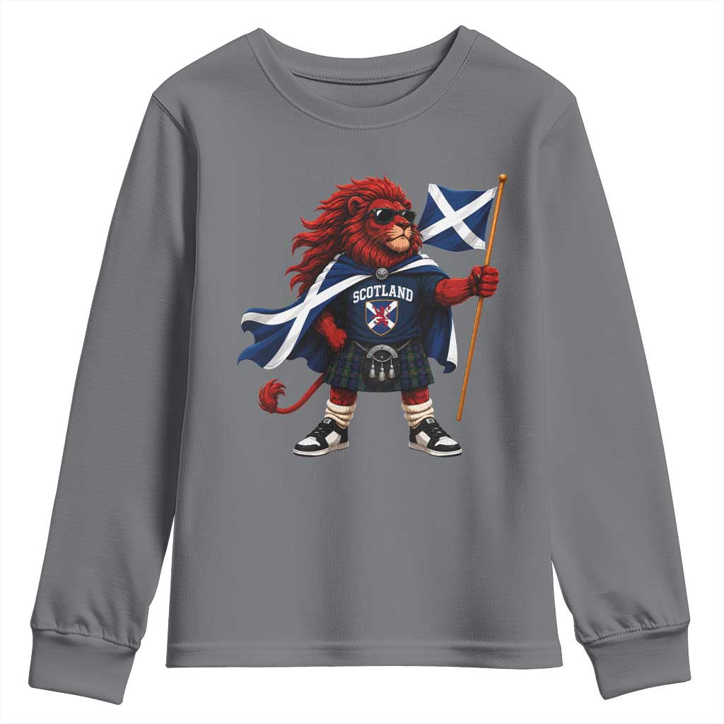 Proud Scotland Rampant Lion Youth Sweatshirt Scottish Flag Red Lion Mascot with Kilt Football Fans
