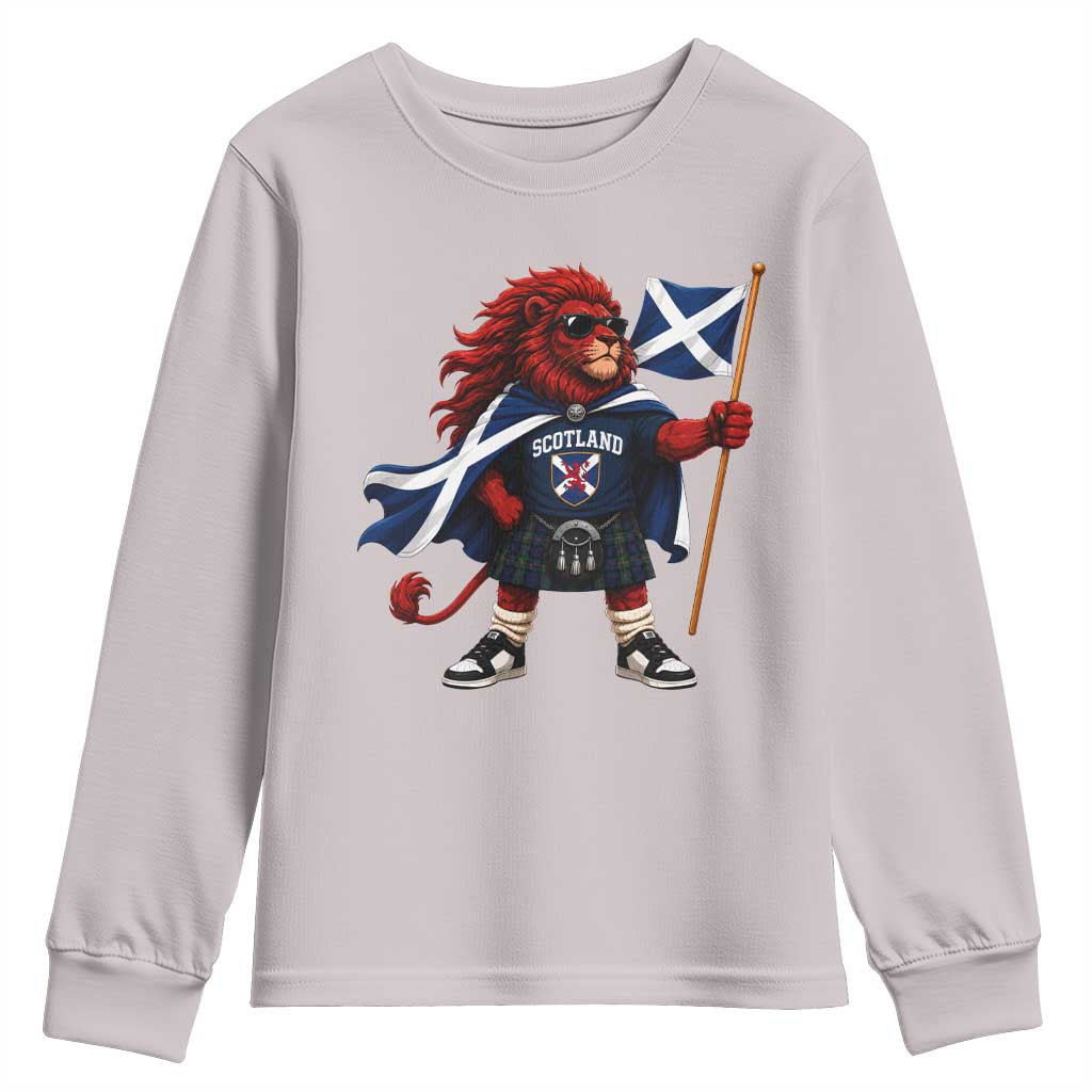 Proud Scotland Rampant Lion Youth Sweatshirt Scottish Flag Red Lion Mascot with Kilt Football Fans