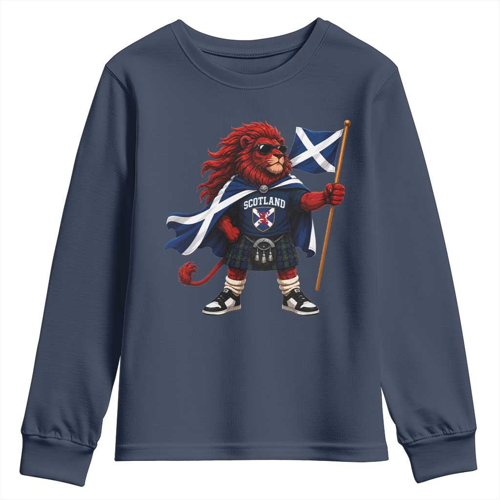 Proud Scotland Rampant Lion Youth Sweatshirt Scottish Flag Red Lion Mascot with Kilt Football Fans