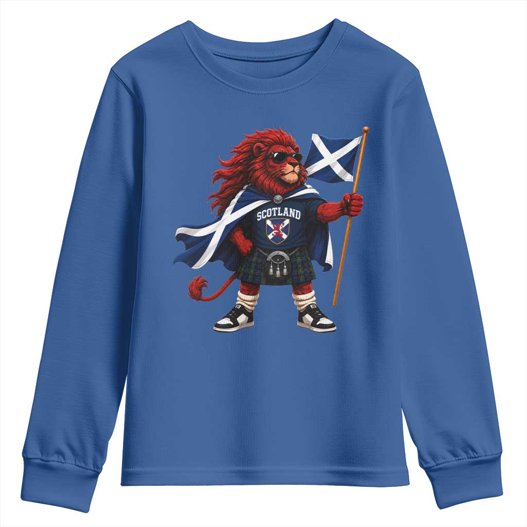 Proud Scotland Rampant Lion Youth Sweatshirt Scottish Flag Red Lion Mascot with Kilt Football Fans