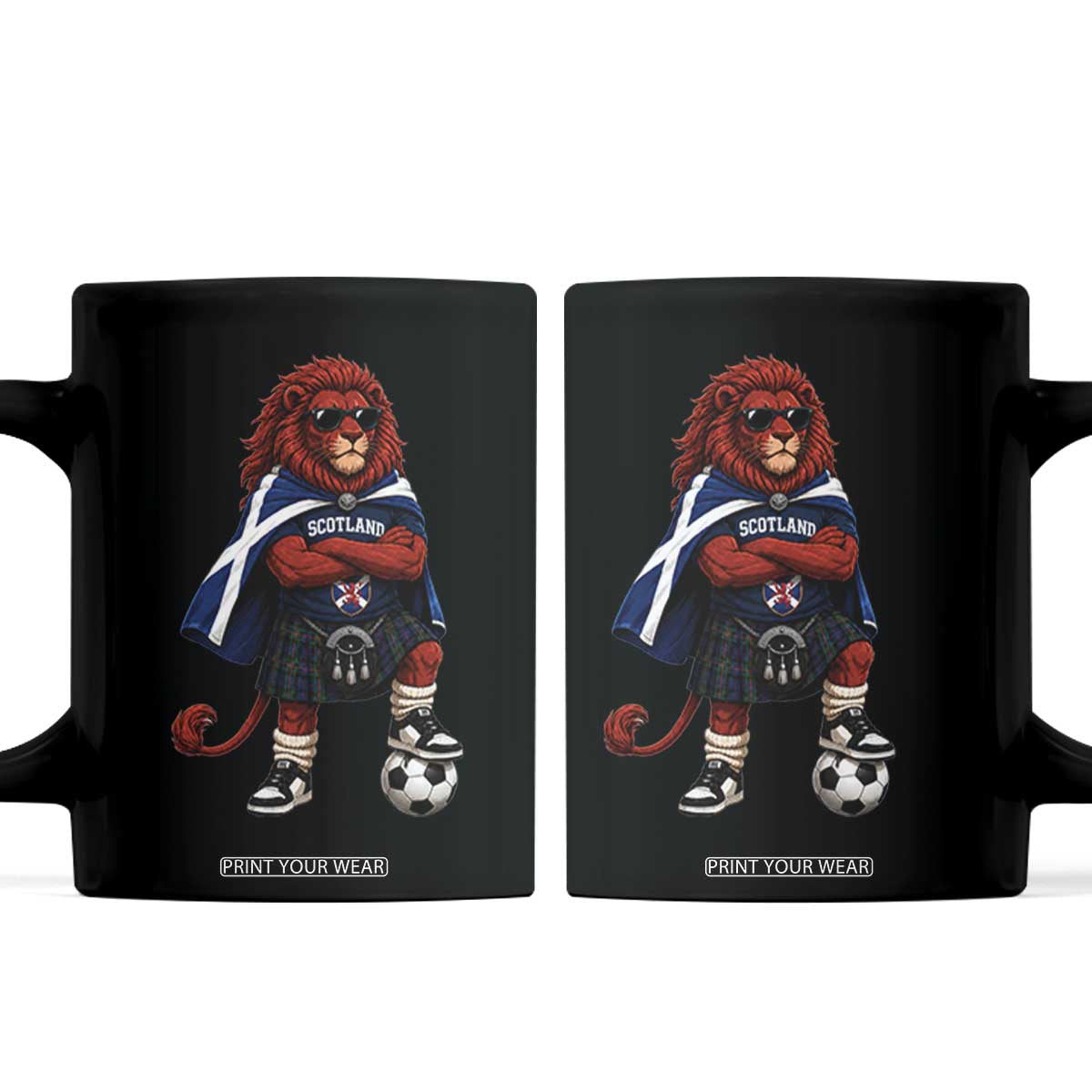 Scotland Rampant Lion Soccer Fan Coffee Mug Scottish Pride Red Lion in Kilt with Sunglasses Football