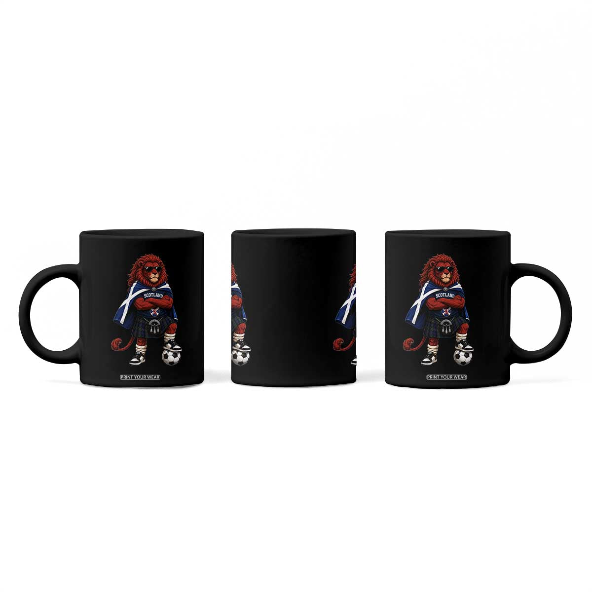 Scotland Rampant Lion Soccer Fan Coffee Mug Scottish Pride Red Lion in Kilt with Sunglasses Football