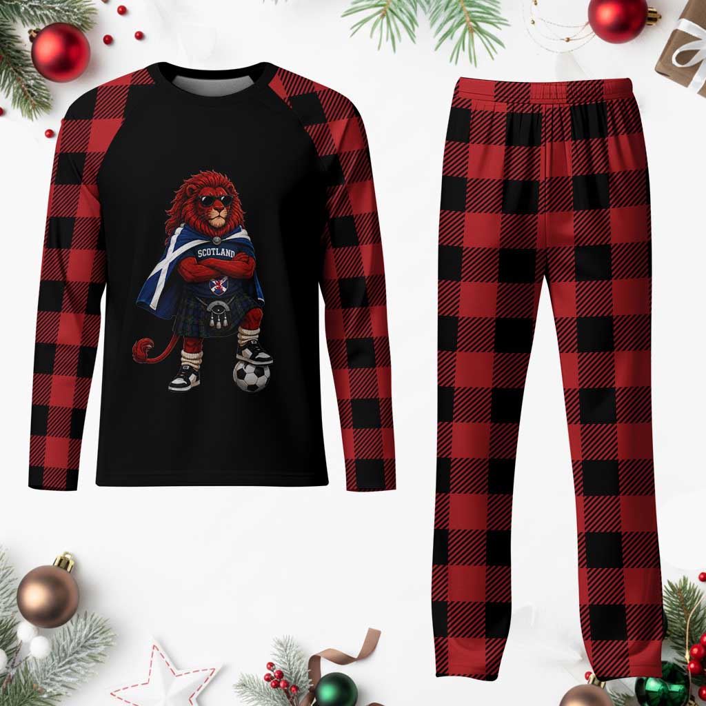 Scotland Rampant Lion Soccer Fan Plaid Pajama Set Scottish Pride Red Lion in Kilt with Sunglasses Football