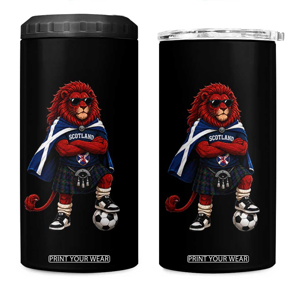 Scotland Rampant Lion Soccer Fan 4 in 1 Can Cooler Tumbler Scottish Pride Red Lion in Kilt with Sunglasses Football