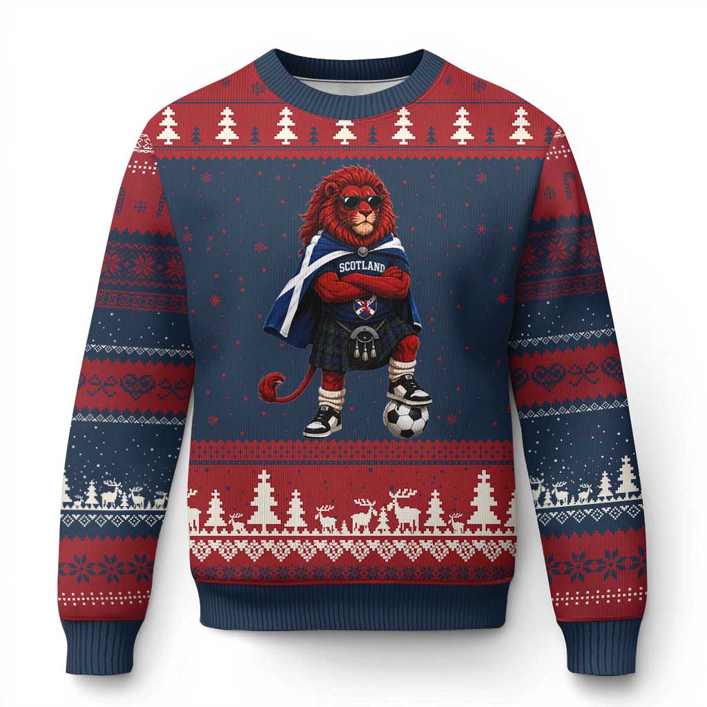 Scotland Rampant Lion Soccer Fan Ugly Christmas Sweater Scottish Pride Red Lion in Kilt with Sunglasses Football TS10 Navy Red Print Your Wear