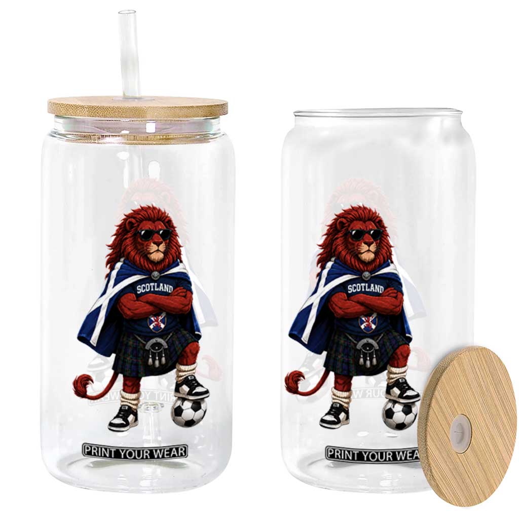 Scotland Rampant Lion Soccer Fan Glass Can Scottish Pride Red Lion in Kilt with Sunglasses Football