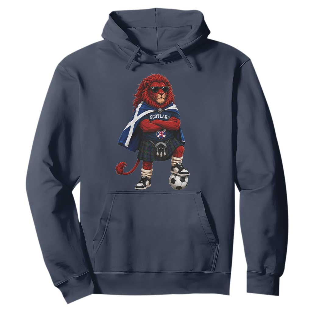 Scotland Rampant Lion Soccer Fan Hoodie Scottish Pride Red Lion in Kilt with Sunglasses Football
