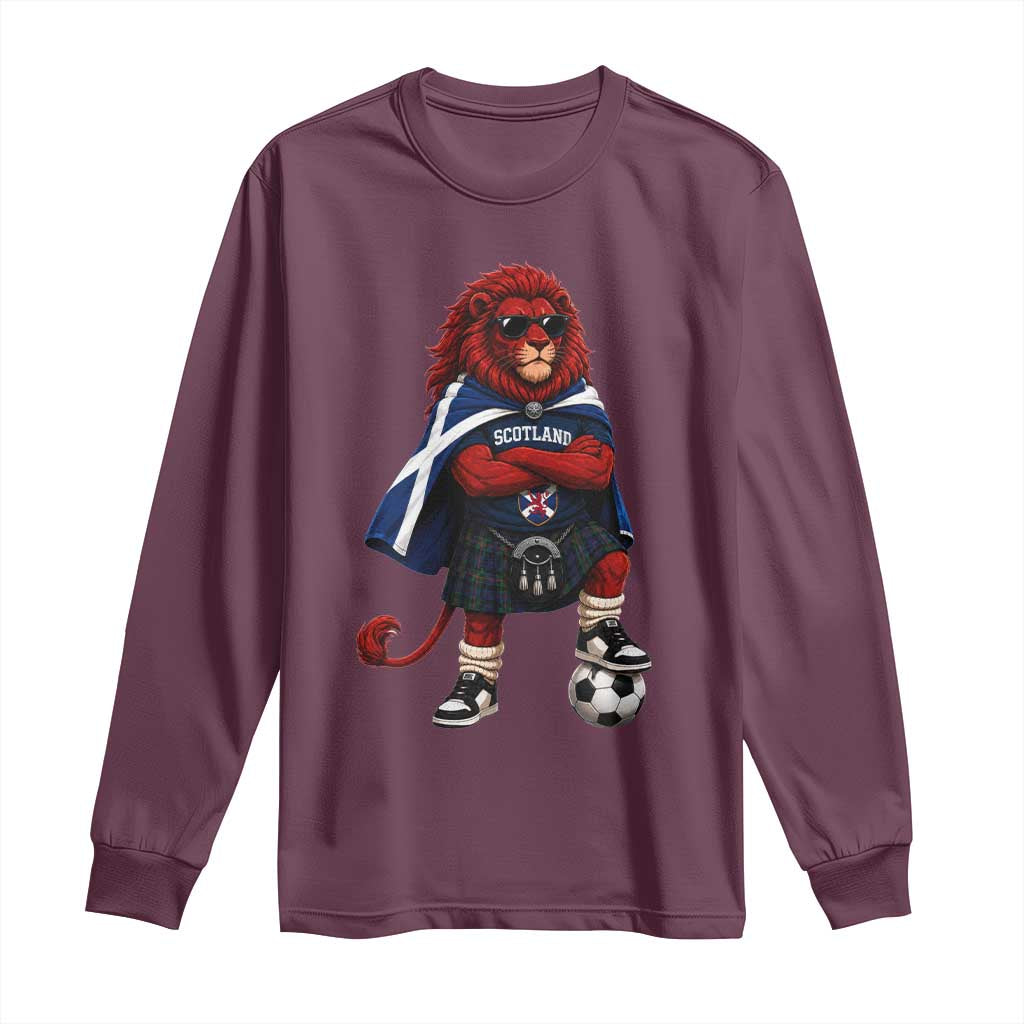 Scotland Rampant Lion Soccer Fan Long Sleeve Shirt Scottish Pride Red Lion in Kilt with Sunglasses Football