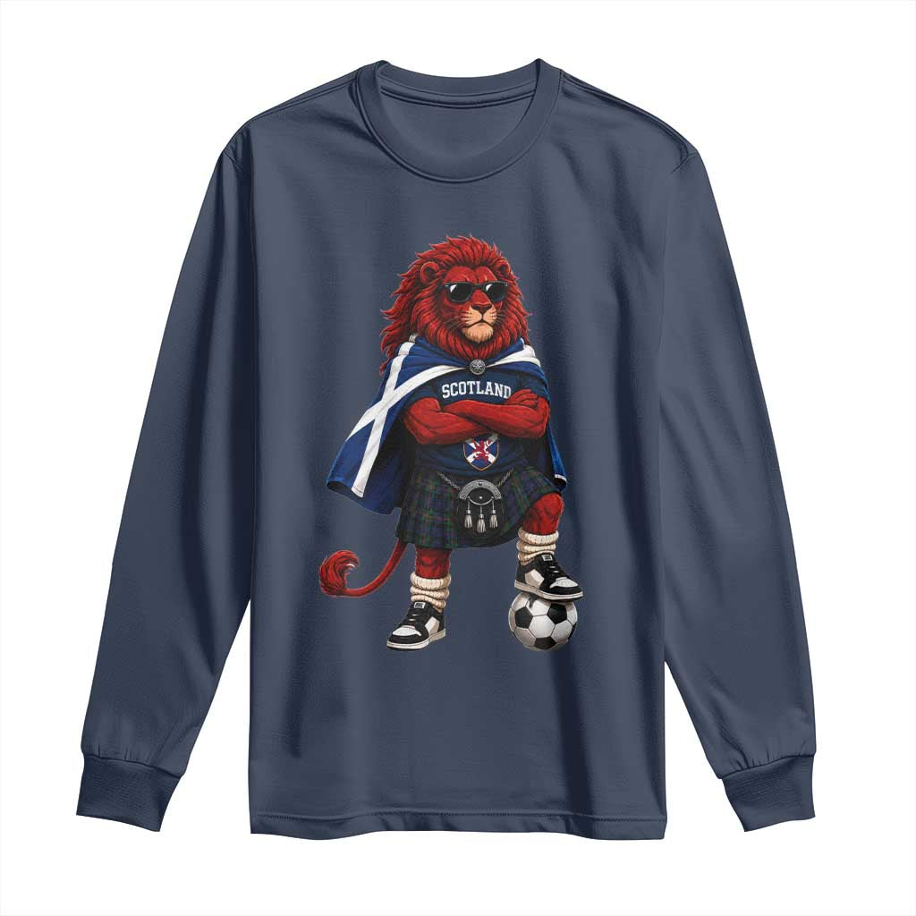 Scotland Rampant Lion Soccer Fan Long Sleeve Shirt Scottish Pride Red Lion in Kilt with Sunglasses Football