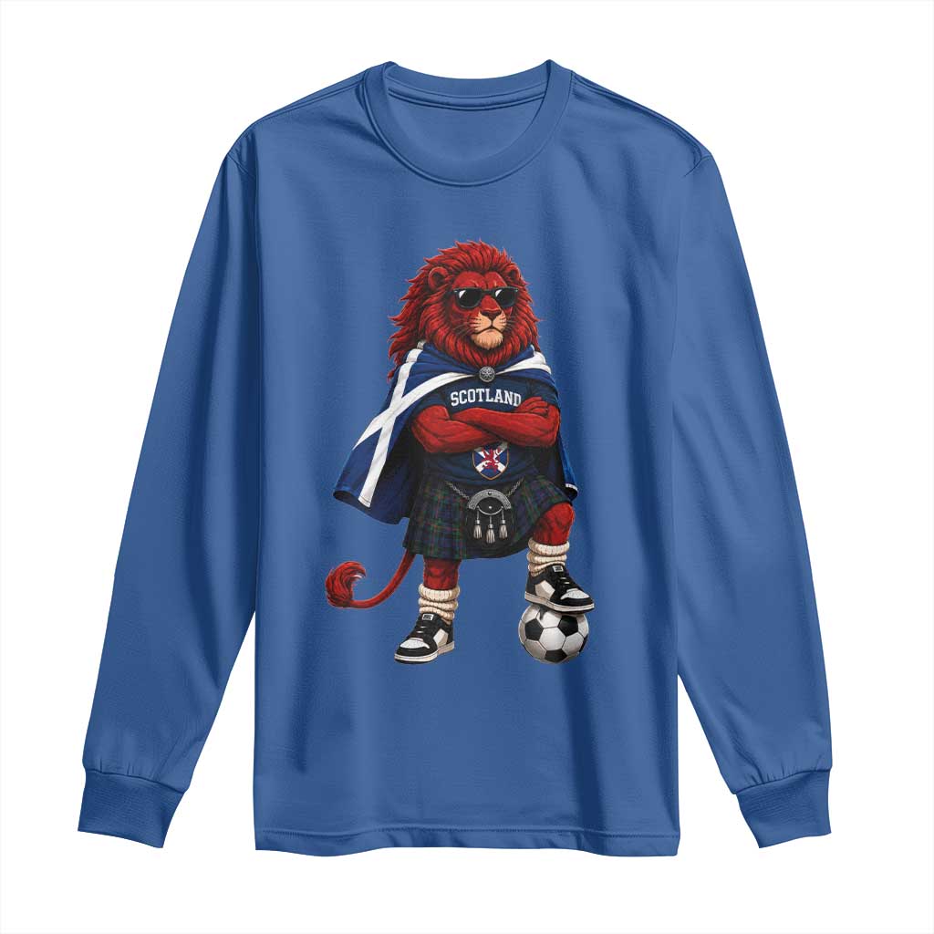 Scotland Rampant Lion Soccer Fan Long Sleeve Shirt Scottish Pride Red Lion in Kilt with Sunglasses Football