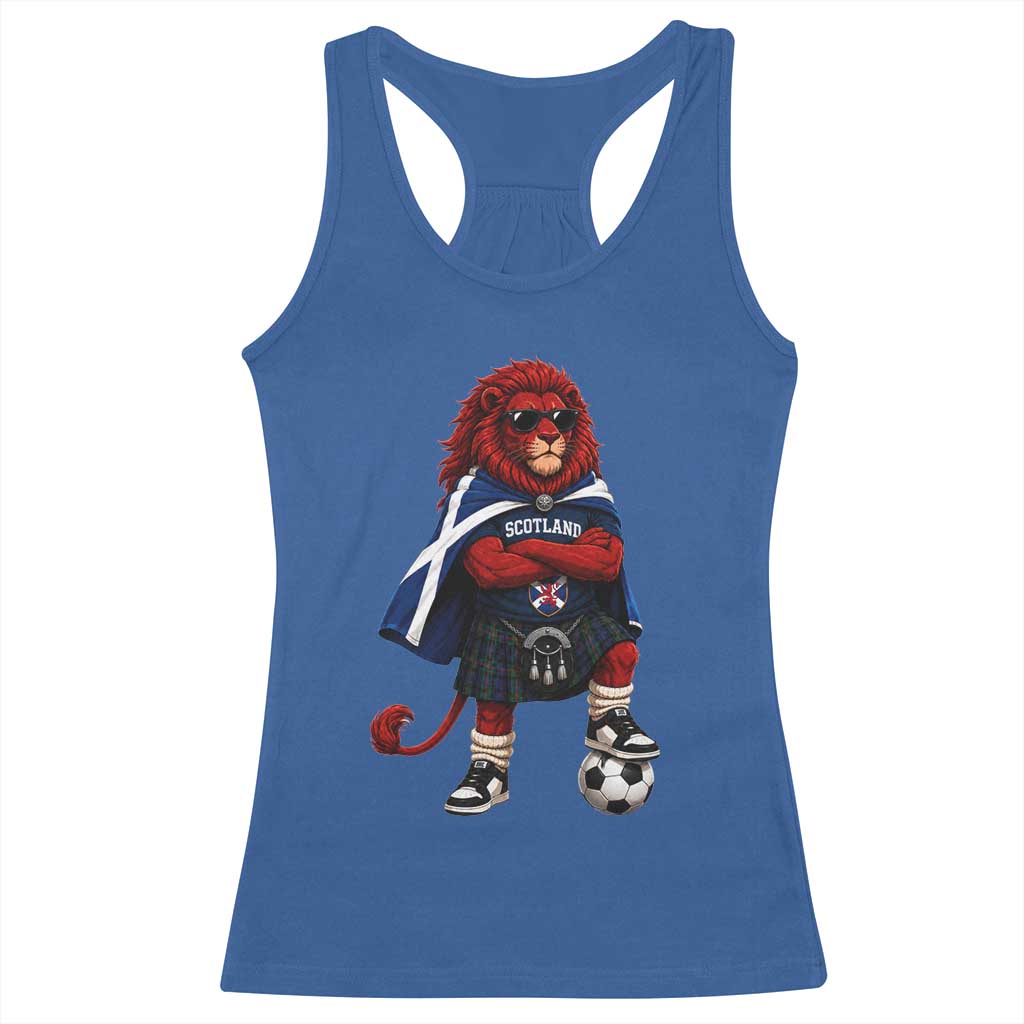 Scotland Rampant Lion Soccer Fan Racerback Tank Top Scottish Pride Red Lion in Kilt with Sunglasses Football