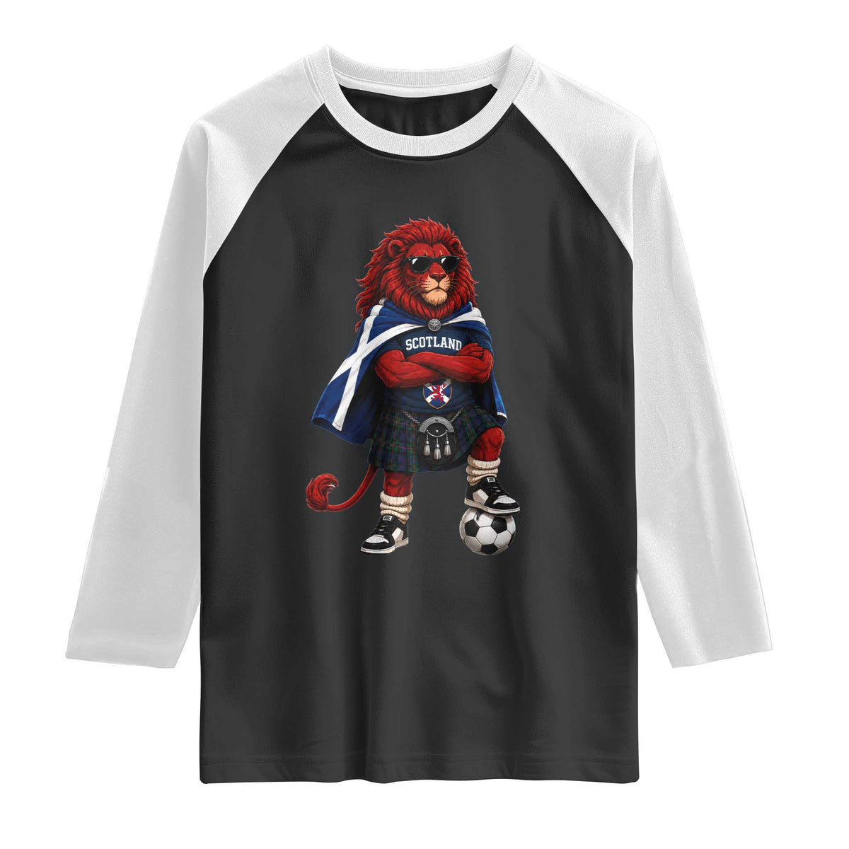 Scotland Rampant Lion Soccer Fan Raglan Shirt Scottish Pride Red Lion in Kilt with Sunglasses Football