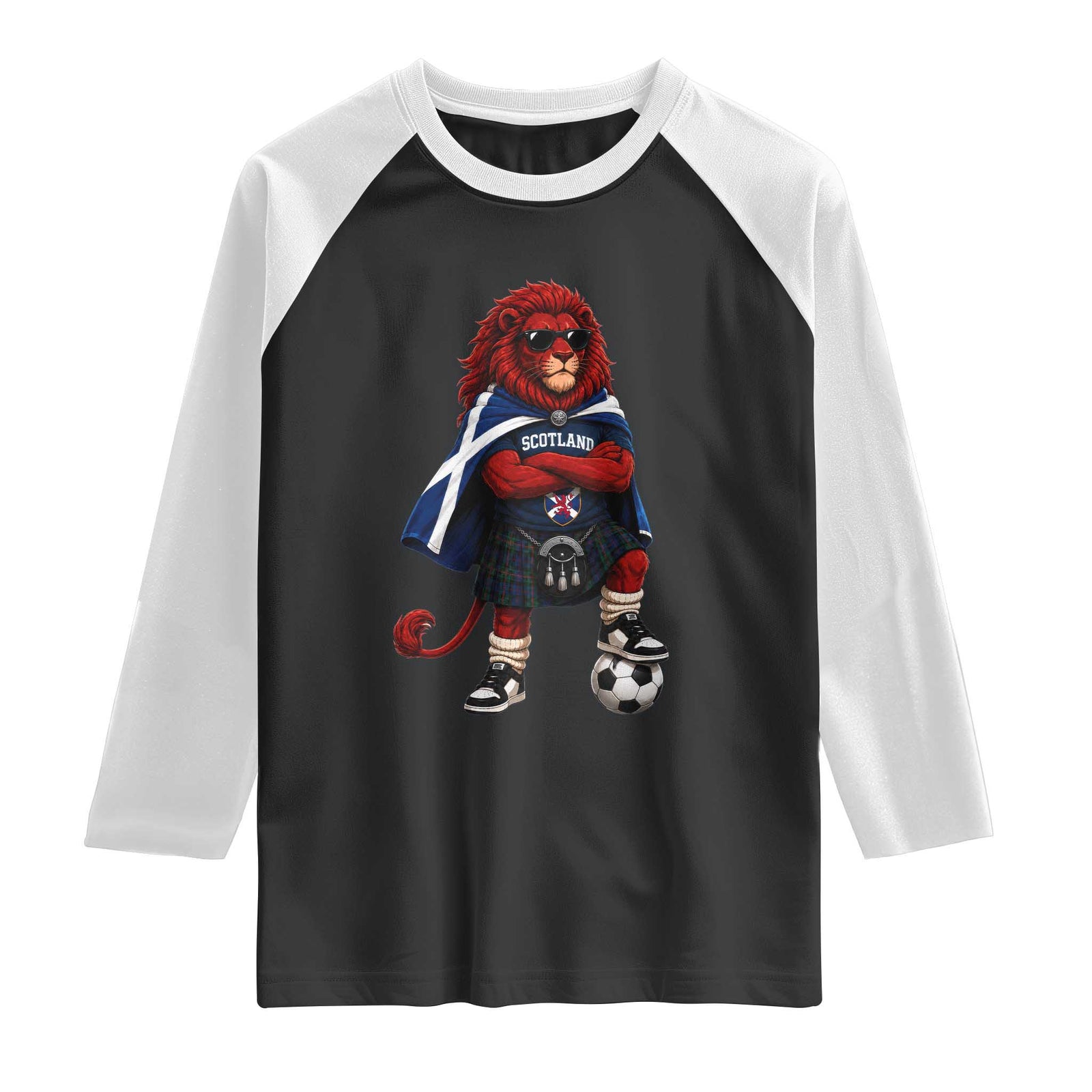 Scotland Rampant Lion Soccer Fan Raglan Shirt Scottish Pride Red Lion in Kilt with Sunglasses Football TS10 Black White Print Your Wear
