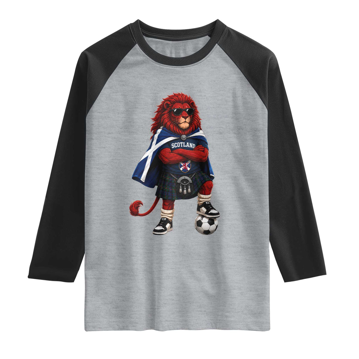 Scotland Rampant Lion Soccer Fan Raglan Shirt Scottish Pride Red Lion in Kilt with Sunglasses Football