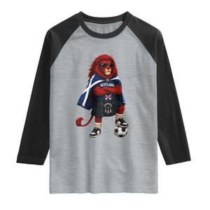 Scotland Rampant Lion Soccer Fan Raglan Shirt Scottish Pride Red Lion in Kilt with Sunglasses Football
